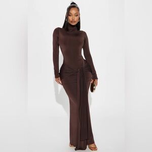 Fashion Nova Brown Long Sleeve Ruched Maxi Dress. WORN ONCE